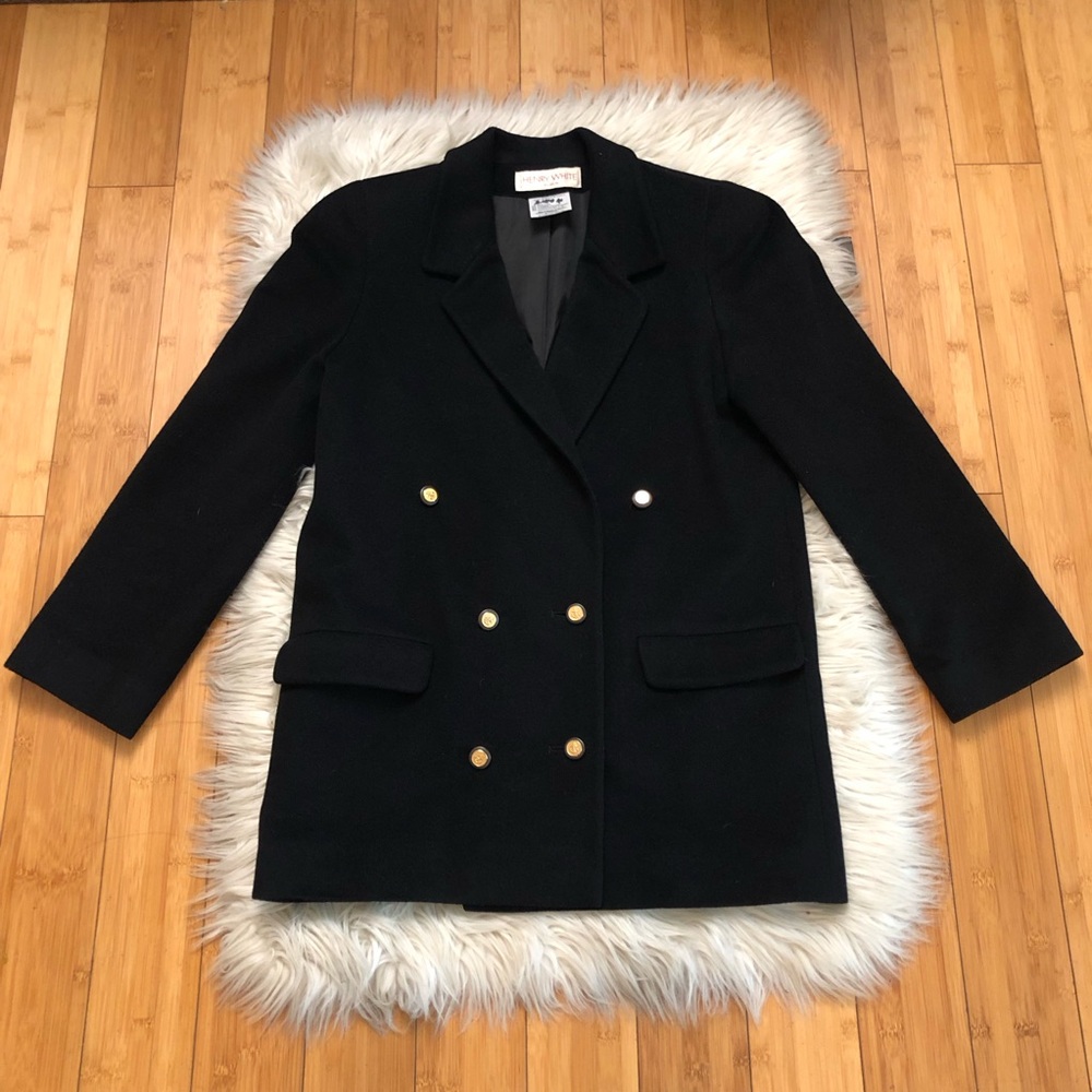 Vintage Henry White Ireland Lambswool Cashmere Double Breasted Black Pea Coat 8